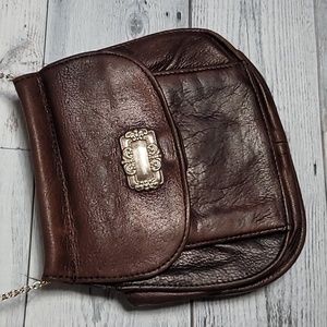 Vintage Fossil Leather Mini Saddle Bag Clutch with Chain Rhinestone Strap
